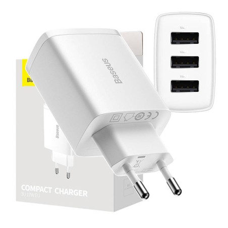 Ładowarka sieciowa BASEUS Compact Quick Charger 17W 3xUSB-A (biała)