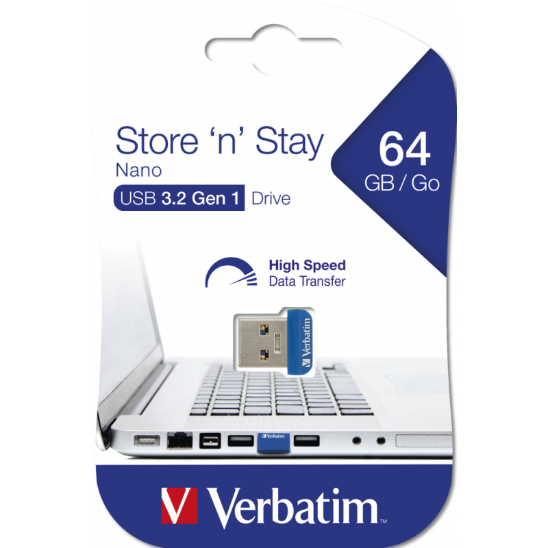 VERBATIM USB FLASH DISK, USB 3.0, 64GB, NANO, STORE N STAY, NIEBIESKI, 98711, USB A
