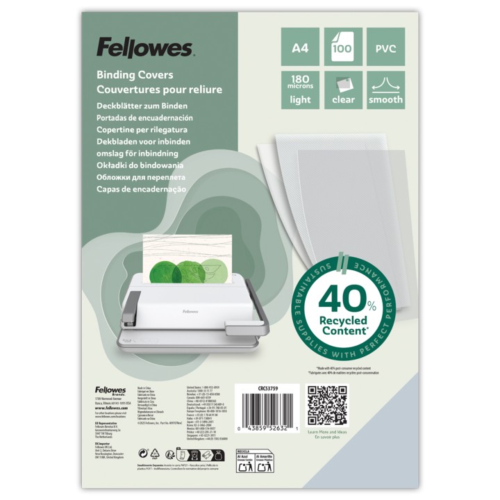 OKŁADKI DO BINDOWANIA A4 FELLOWES 5375901 PRZEZROCZYSTE 180MIC 100 SZT