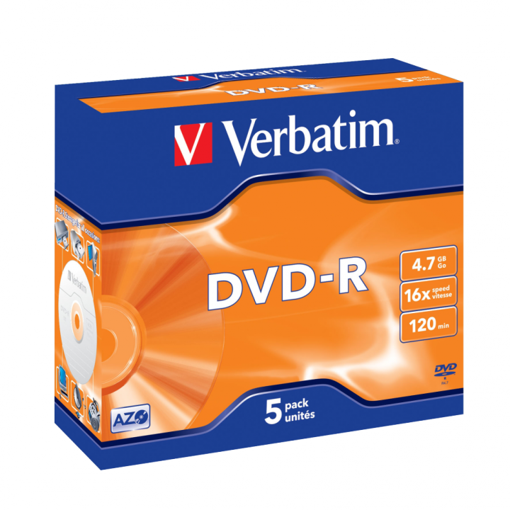 VERBATIM DVD-R, 43519, DATALIFE PLUS, 5-PACK, 4.7GB, 16X, 12CM, GENERAL, ADVANCED AZO+, JEWEL BOX, SCRATCH RESISTANT, BEZ MOŻLIW