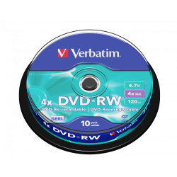VERBATIM DVD-RW, 43552, DATALIFE PLUS, 10-PACK, 4.7GB, 4X, 12CM, GENERAL, SERL, CAKE BOX, SCRATCH RESISTANT, BEZ MOŻLIWOŚCI NADR