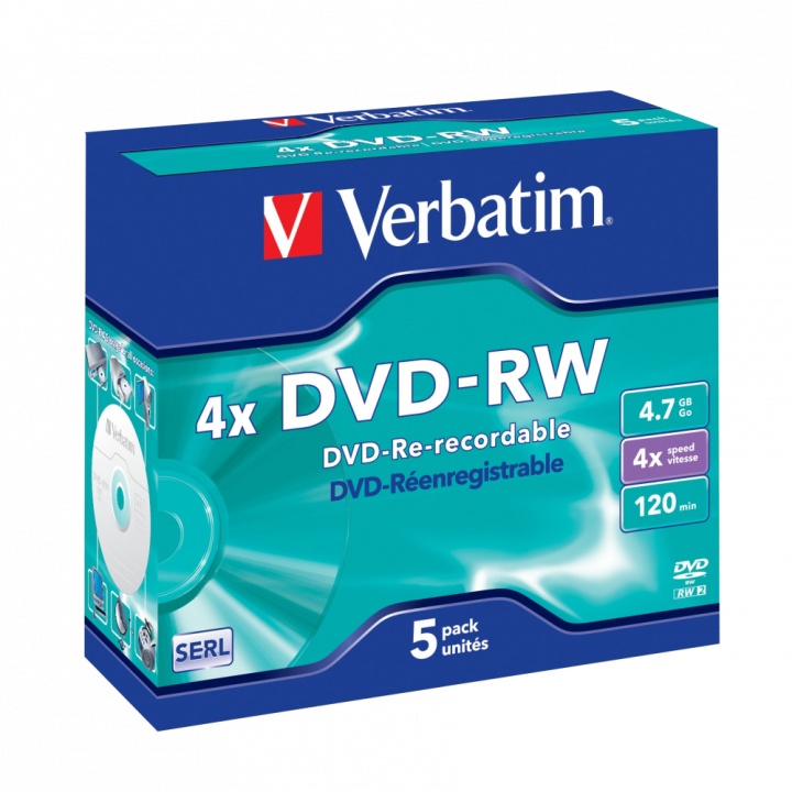 VERBATIM DVD-RW, 43285, DATALIFE PLUS, 5-PACK, 4.7GB, 4X, 12CM, GENERAL, SERL, JEWEL BOX, SCRATCH RESISTANT, BEZ MOŻLIWOŚCI NADR