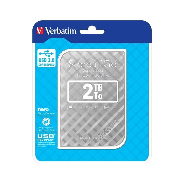 VERBATIM ZEWNĘTRZNY DYSK TWARDY, STORE N GO, 2.5", USB 3.0 (3.2 GEN 1), 2TB, 53198, SREBRNY