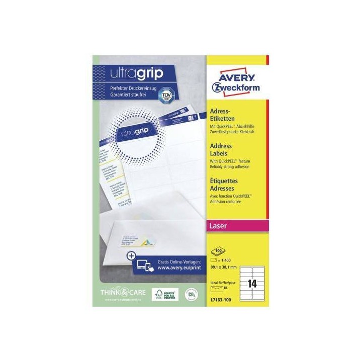 ETYKIETY SAMOPRZYLEPNE 99.1X38.1MM DO ADRESOWANIA AVERY ZWECKFORM L7163-100 BIAŁE 100ARK*14SZT