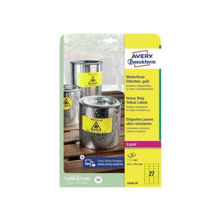 ETYKIETY SAMOPRZYLEPNE 63.5X29.6MM AVERY ZWECKFORM POLIESTROWE L6105-20 ŻÓŁTE 20ARK*27SZT