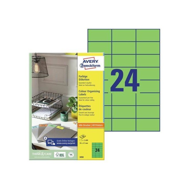 ETYKIETY SAMOPRZYLEPNE 70X37MM AVERY ZWECKFORM TRWAŁE 3450 ZIELONE 100ARK*24SZT