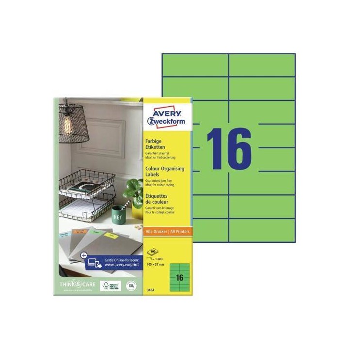 ETYKIETY SAMOPRZYLEPNE 105X37MM AVERY ZWECKFORM TRWAŁE 3454 ZIELONE 100ARK*16SZT