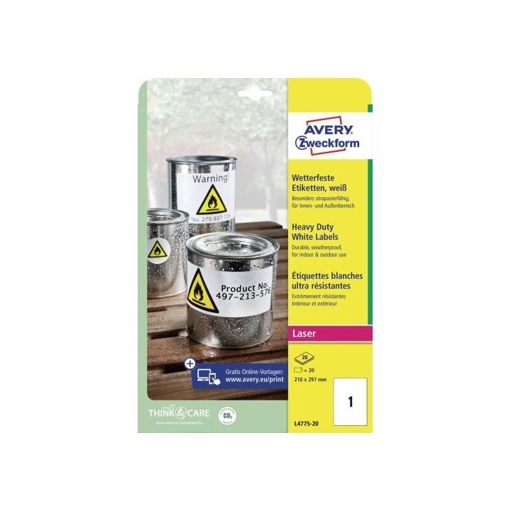 ETYKIETY SAMOPRZYLEPNE 210X297MM DO UŻYTKU ZEWNĘTRZNEGO AVERY ZWECKFORM POLIESTROWE L4775-20 BIAŁE 20ARK*1SZT