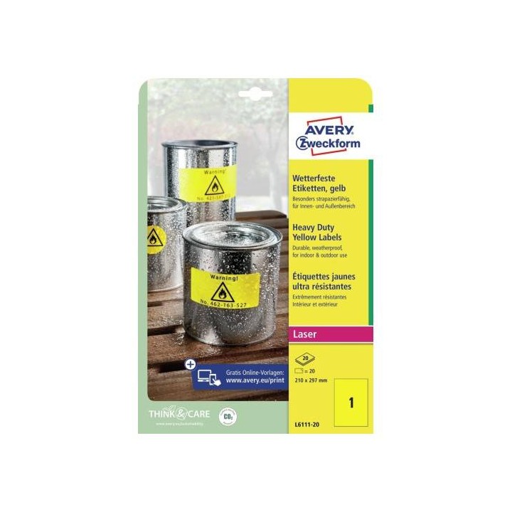 ETYKIETY SAMOPRZYLEPNE 210X297MM DO UŻYTKU ZEWNĘTRZNEGO AVERY ZWECKFORM POLIESTROWE L6111-20 ŻÓŁTE 20ARK*1SZT
