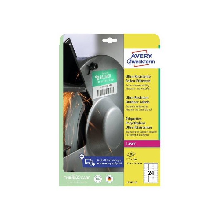 ETYKIETY SAMOPRZYLEPNE 63.5X33.9MM AVERY ZWECKFORM ULTRA RESISTANT L7912-10 BIAŁE 10ARK*24SZT