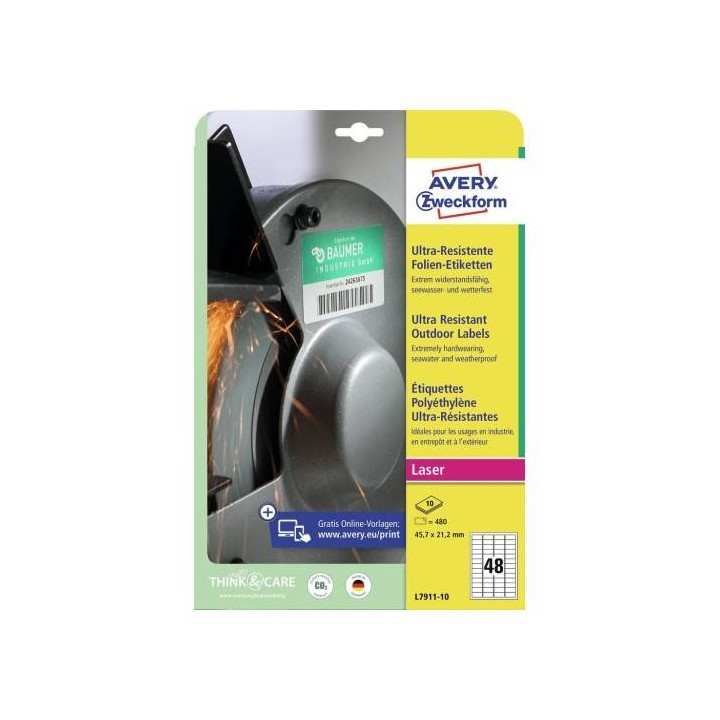 ETYKIETY SAMOPRZYLEPNE 45.7X21.2MM DO UŻYTKU ZEWNĘTRZNEGO AVERY ZWECKFORM ULTRA RESISTANT L7911-10 BIAŁE 10ARK*48SZT