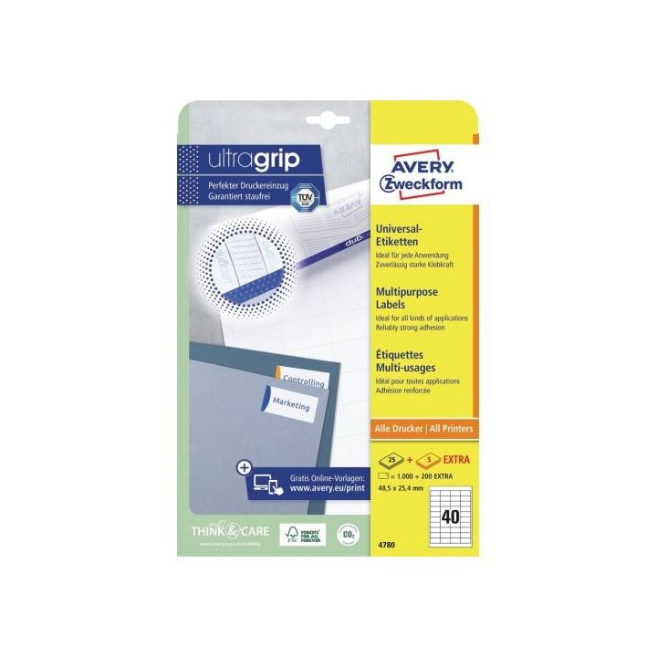 ETYKIETY SAMOPRZYLEPNE 48.5X25.4MM AVERY ZWECKFORM TRWAŁE 4780 BIAŁE 30ARK*40SZT