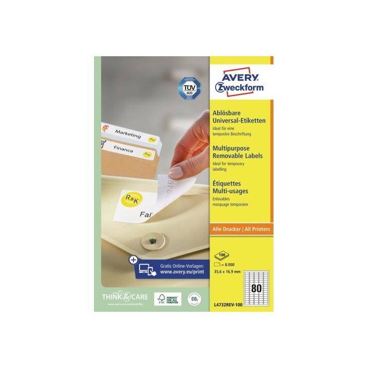 ETYKIETY SAMOPRZYLEPNE 35.6*16.9MM UNIWERSALNE AVERY ZWECKFORM USUWALNE L4732REV-100 BIAŁE 100ARK*80SZT