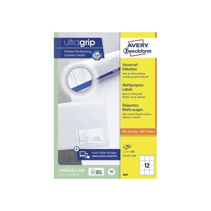 ETYKIETY SAMOPRZYLEPNE 70X67.7MM UNIWERSALNE AVERY ZWECKFORM TRWAŁE 3661 BIAŁE 100ARK*12SZT