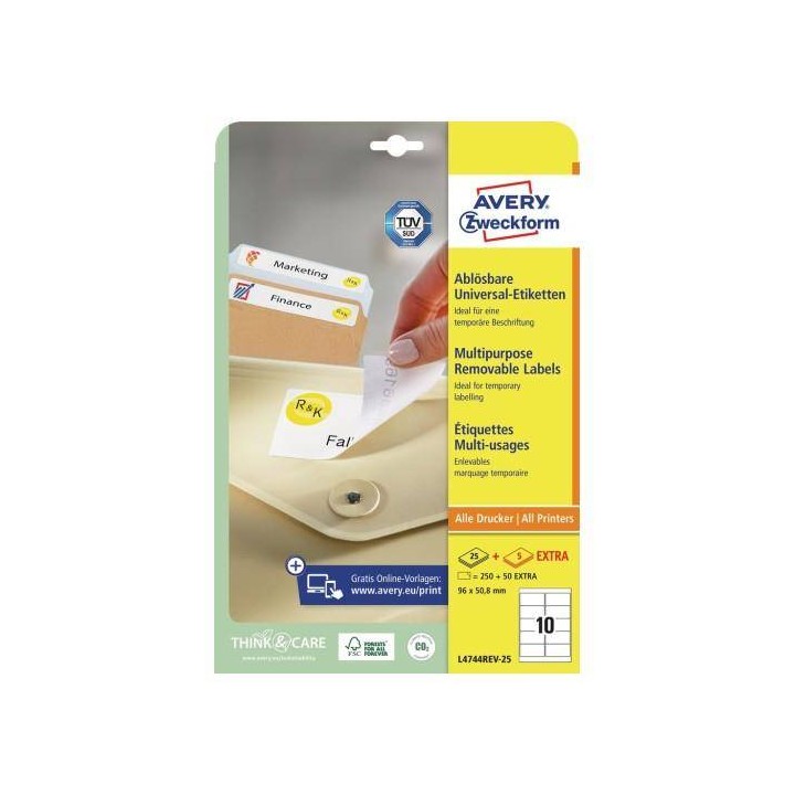 ETYKIETY SAMOPRZYLEPNE 96X50.8MM UNIWERSALNE AVERY ZWECKFORM USUWALNE L4744REV-25 BIAŁE 30ARK*10SZT