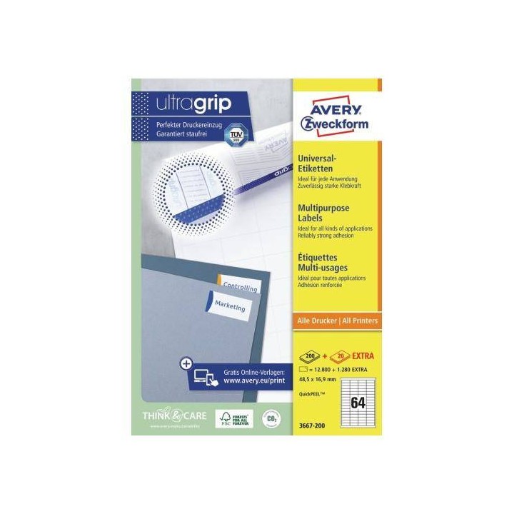 ETYKIETY SAMOPRZYLEPNE 48.5X16.9MM UNIWERSALNE AVERY ZWECKFORM TRWAŁE 3667-200 BIAŁE 220ARK*64SZT