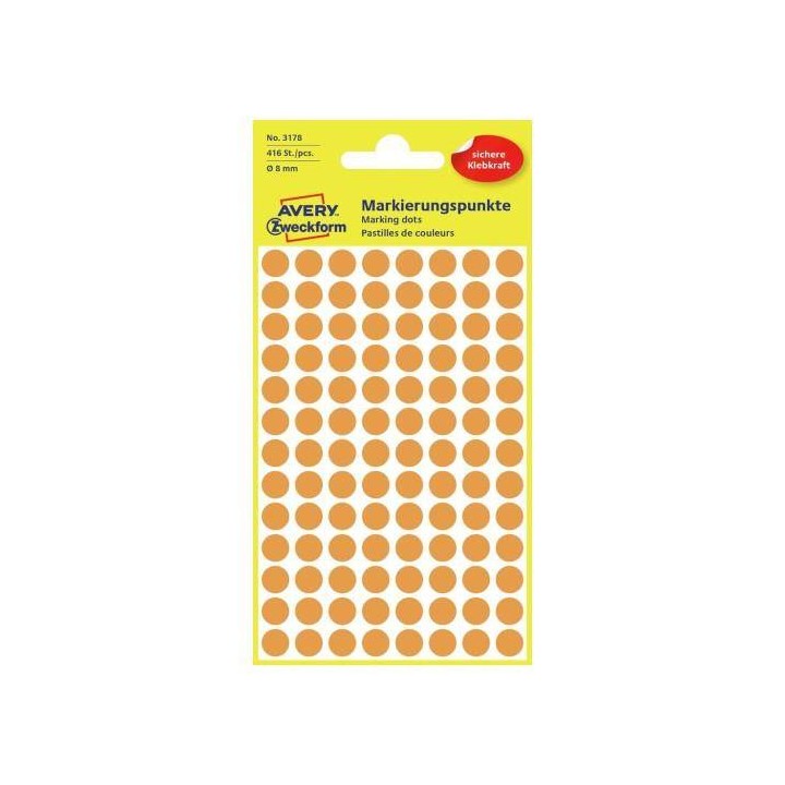 ETYKIETY SAMOPRZYLEPNE 8MM KÓŁKA DO ZAZNACZANIA AVERY ZWECKFORM TRWAŁE 3178 NEONOWE POMARAŃCZOWE 4ARK*104SZT
