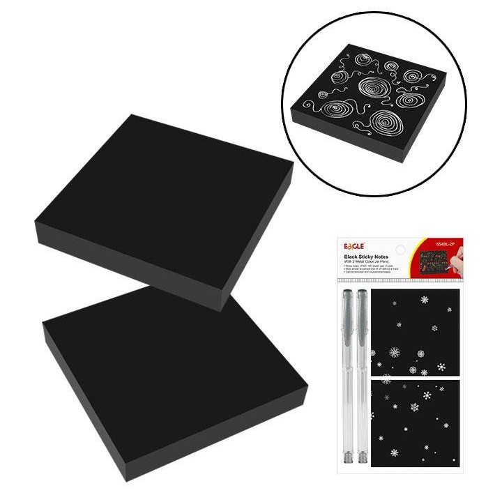 KARTECZKI SAMOPRZYLEPNE 75X75MM EAGLE 654BL-2P 150-1453 CZARNE 2X100KART + 2 DŁUGOPISY SREBRNE