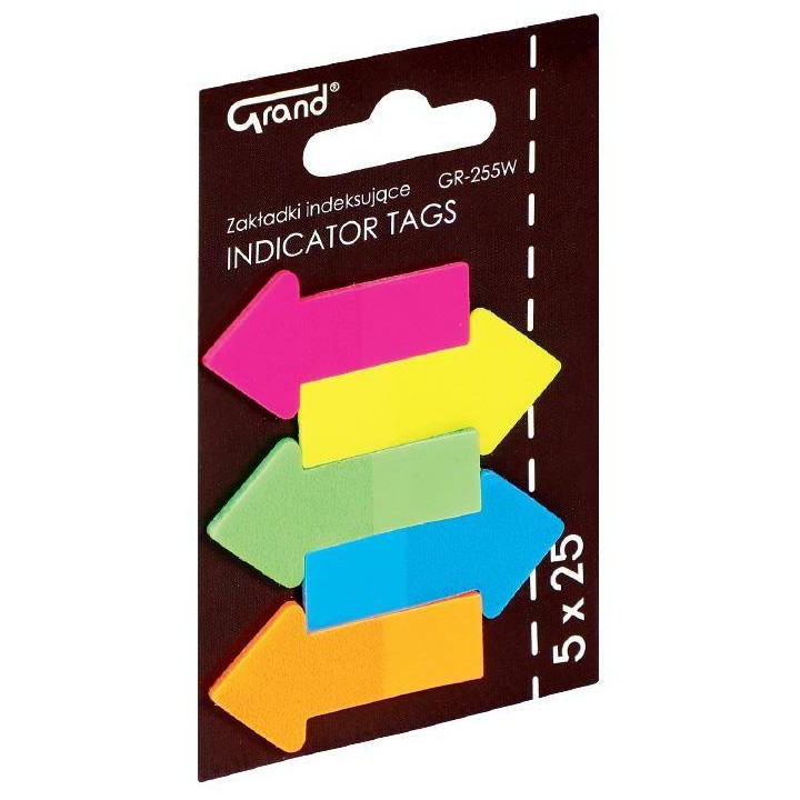 ZAKŁADKI INDEKSUJĄCE FOLIOWE 45X23MM GRAND GR-255W STRZAŁKI 150-1440 MIX*5 5X25SZT