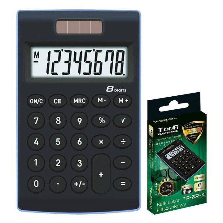 KALKULATOR KIESZONKOWY 8CYFR TOOR ELECTRONIC TR-252-K 120-1772 CZARNY ZASILANIE SOLARNE + BATERIA 101X62X11MM