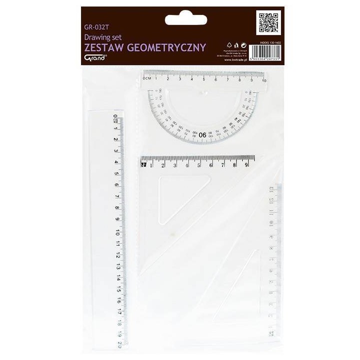 KOMPLET GEOMETRYCZNY LINIJKA 20CM EKIERKA*2 GRAND GR-032T 130-1602 KĄTOMIERZ Z LINIJKĄ