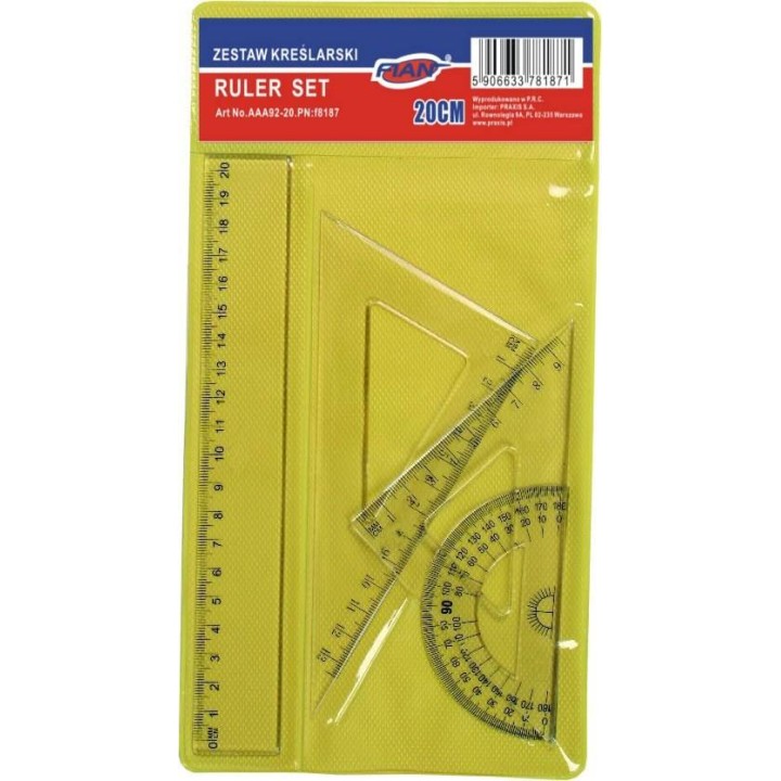 KOMPLET GEOMETRYCZNY LINIJKA 20CM EKIERKA*2 KĄTOMIERZ Z LINIJKĄ FIAN AAA92-20