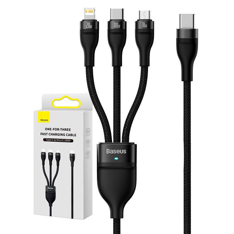 Kabel USB 3w1 Baseus Flash Series 2, USB-C + micro USB + Lightning, 100W, 1.5m (czarny)