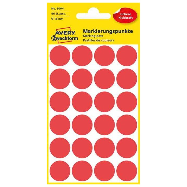 ETYKIETY SAMOPRZYLEPNE 18MM KÓŁKA DO ZAZNACZANIA AVERY ZWECKFORM 3004 CZERWONE 96 SZT