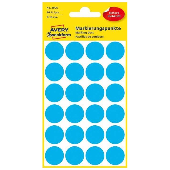 ETYKIETY SAMOPRZYLEPNE 18MM KÓŁKA DO ZAZNACZANIA AVERY ZWECKFORM 3005 NIEBIESKIE 96 SZT