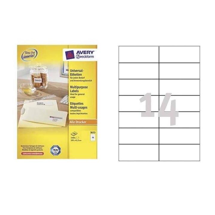 ETYKIETY SAMOPRZYLEPNE 105X42.3MM UNIWERSALNE AVERY ZWECKFORM TRWAŁE 3653 BIAŁE 100ARK*14SZT