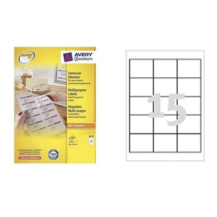 ETYKIETY SAMOPRZYLEPNE 64X50MM UNIWERSALNE AVERY ZWECKFORM TRWAŁE 3672 BIAŁE 100ARK*15SZT