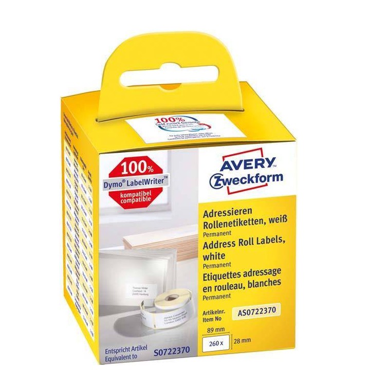 ETYKIETY SAMOPRZYLEPNE 28X89MM DO ADRESOWANIA AVERY ZWECKFORM TRWAŁE, W ROLCE DO DRUK. TERM. AS0722370 BIAŁE 260 SZT