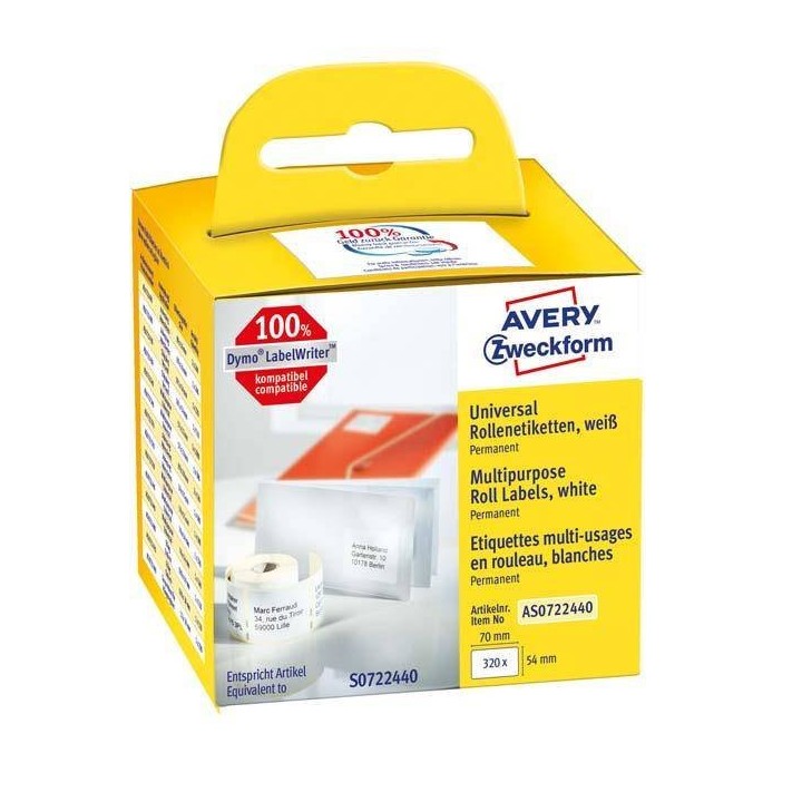ETYKIETY SAMOPRZYLEPNE 54X70MM UNIWERSALNE AVERY ZWECKFORM TRWAŁE, W ROLCE DO DRUK. TERM. AS0722440 BIAŁE 320 SZT