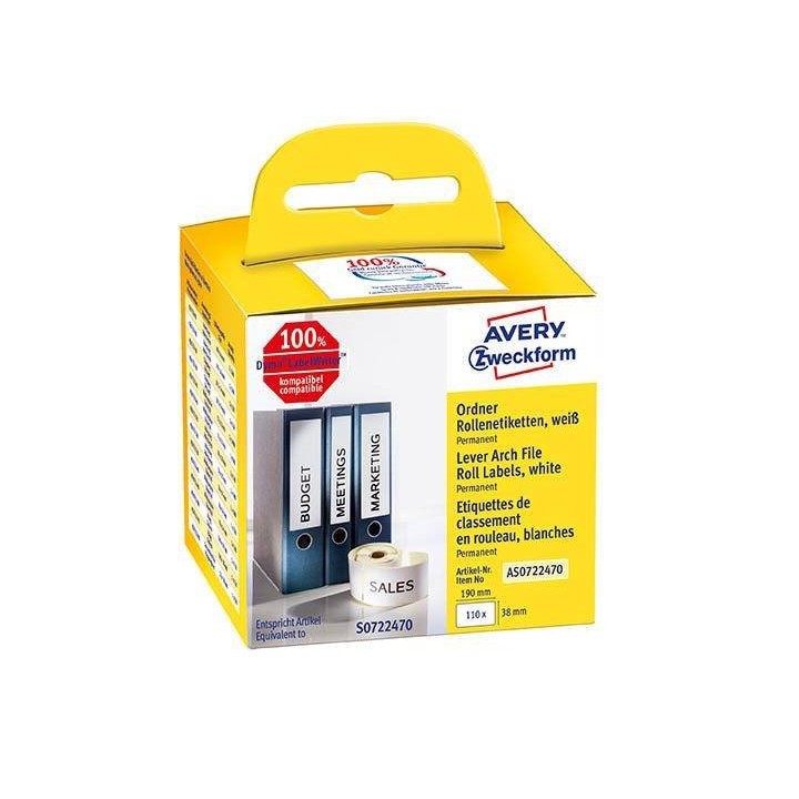 ETYKIETY SAMOPRZYLEPNE 38X190MM NA SEGREGATORY AVERY ZWECKFORM TRWAŁE, W ROLCE DO DRUK. TERM. AS0722470 BIAŁE 110 SZT