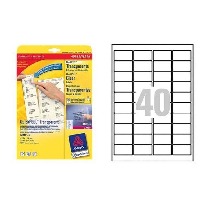 ETYKIETY SAMOPRZYLEPNE 45.7X25.4MM DO ADRESOWANIA AVERY ZWECKFORM L4770-25 PRZEZROCZYSTE 25ARK*40SZT
