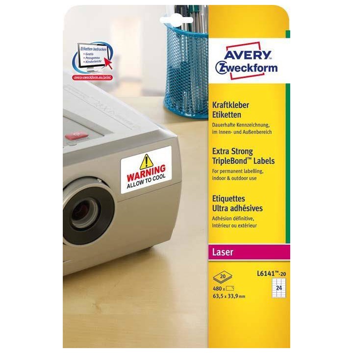ETYKIETY SAMOPRZYLEPNE 63.5X33.9MM OCHRONNE, ZABEZPIECZAJĄCE AVERY ZWECKFORM L6141-20 BIAŁE 20ARK*24SZT