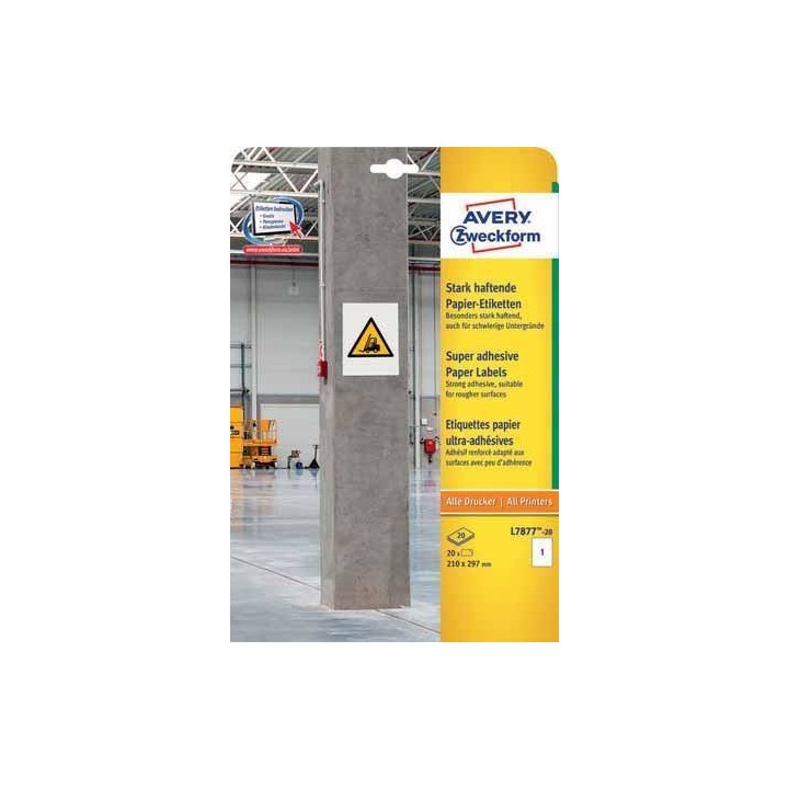 ETYKIETY PAPIEROWE 210X297MM OCHRONNE, ZABEZPIECZAJĄCE AVERY ZWECKFORM DO TRUDNYCH POWIERZCHNI L7877-20 BIAŁE 20ARK*1SZT