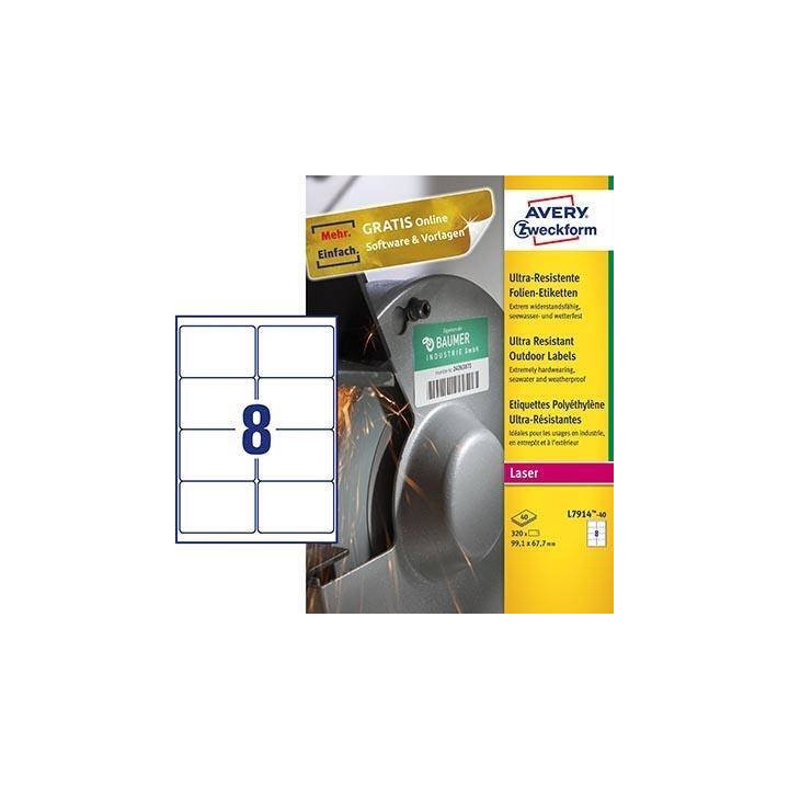 ETYKIETY SAMOPRZYLEPNE 99.1X67.7MM OCHRONNE, ZABEZPIECZAJĄCE, POLIETYLENOWE AVERY ZWECKFORM ULTRA RESISTANT L7914-40 BIAŁE 40ARK