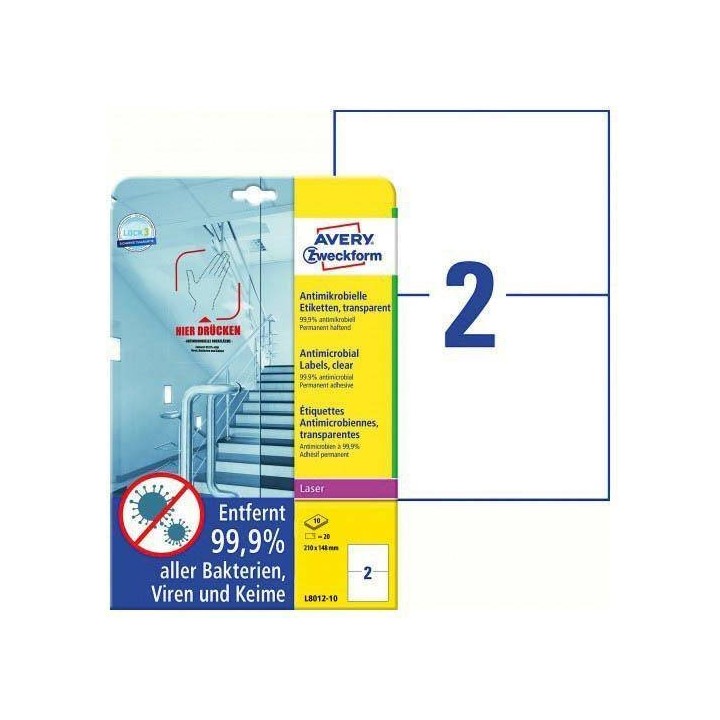 FOLIE SAMOPRZYLEPNE 210X148MM ANTYWIRUSOWE I ANTYBAKTERYJNE AVERY ZWECKFORM TRWAŁA L8012-10 PRZEZROCZYSTE 10ARK*2SZT