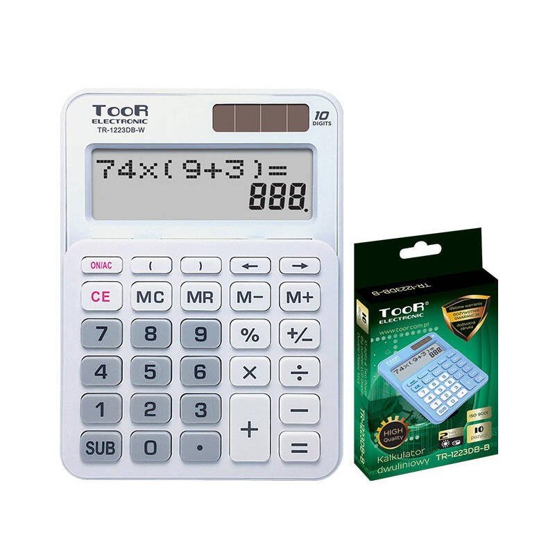 Kalkulator dwuliniowy 10cyfr Toor Electronic TR-1223DB-W 120-1900 biały zasilanie solarne + bateria 148x105x20mm