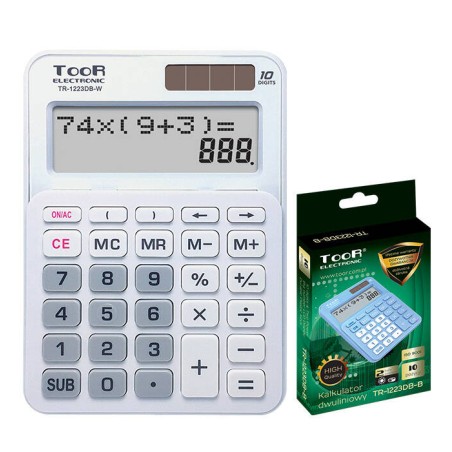 Kalkulator dwuliniowy 10cyfr Toor Electronic TR-1223DB-W 120-1900 biały zasilanie solarne + bateria 148x105x20mm