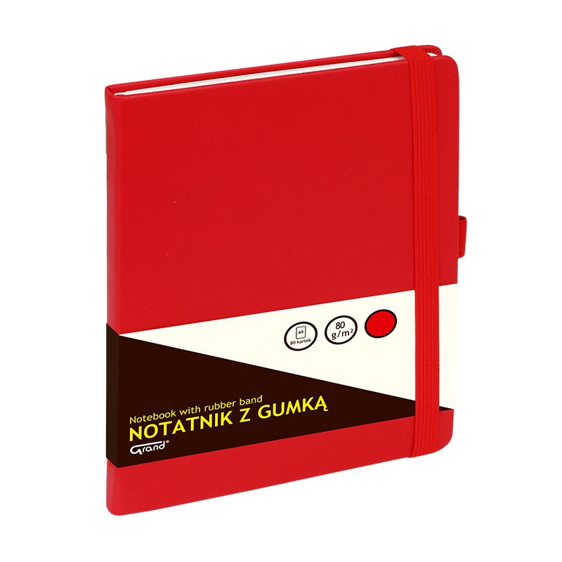 Notatnik GRAND z gumką czerwony A5/80 kartek 80gm- kratka