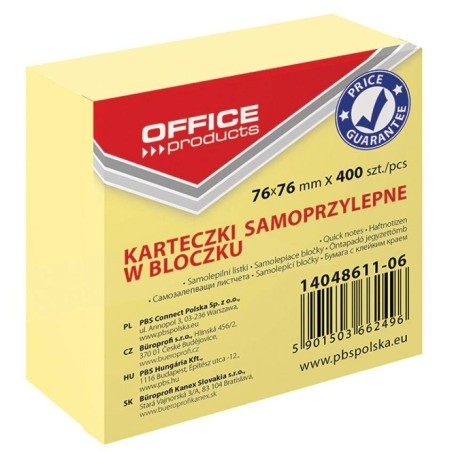 Karteczki samoprzylepne 76x76mm OFFICE PRODUCTS pastelowe jasnożółte 400kart