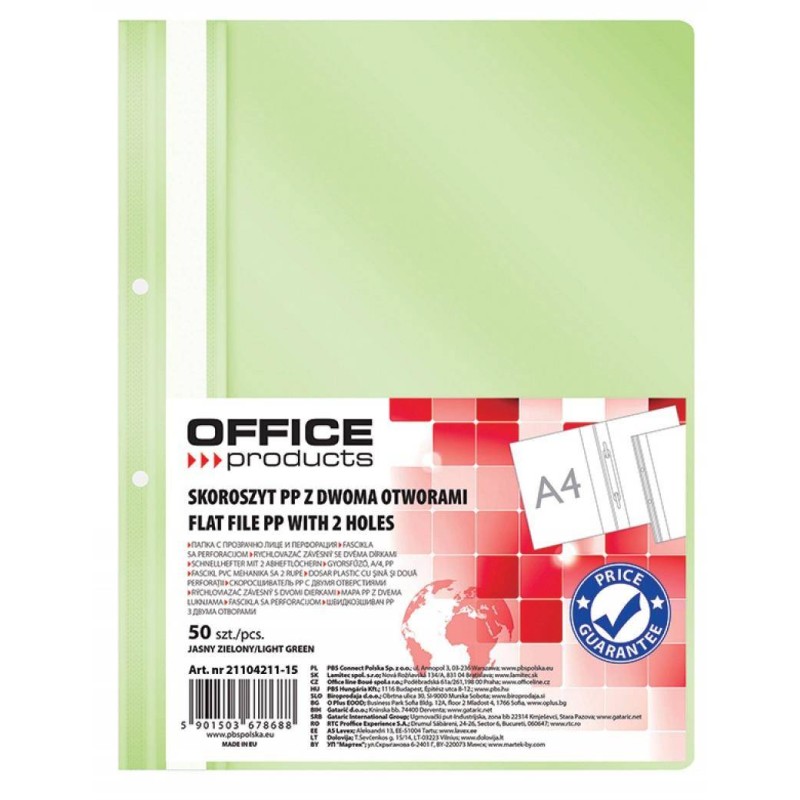 Skoroszyt wpinany A4 OFFICE PRODUCTS 2 otwory jasnozielony PP 100/170mikr