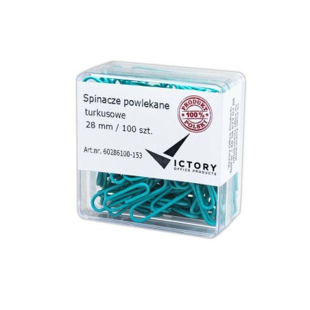 SPINACZE OKRĄGŁE 28MM VICTORY OFFICE PRODUCTS 60286100-153 PASTELOWE TURKUSOWE METALOWEPOWLEKANE W POJEMNIKU PLASTIKOWYM 100SZ