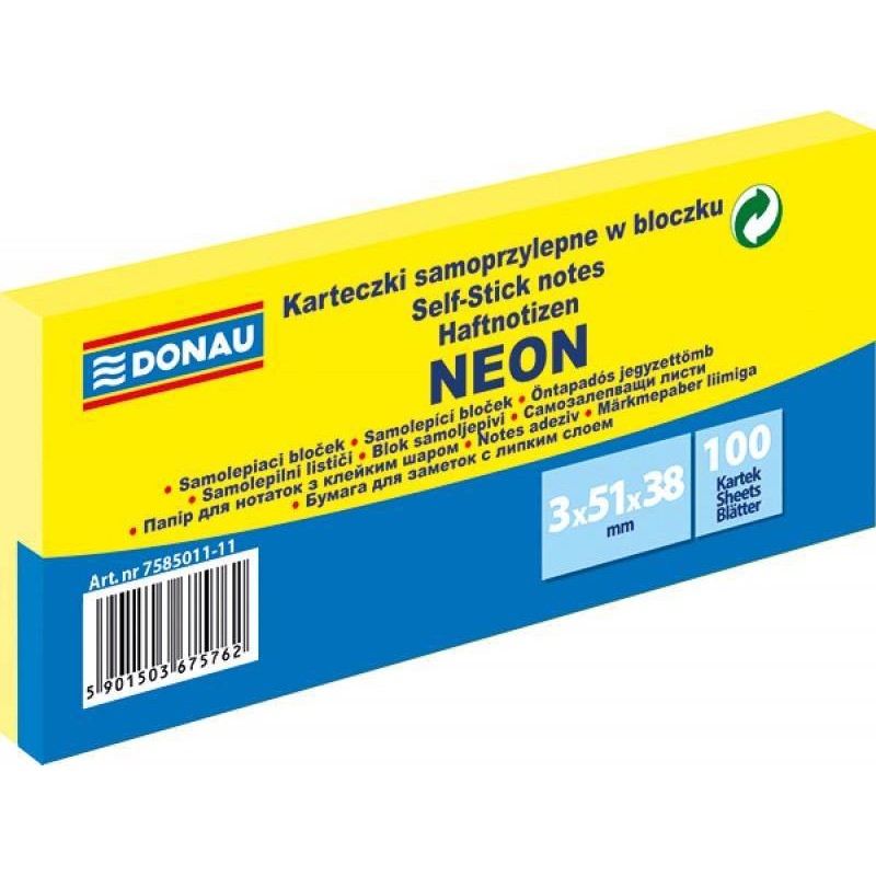 KARTECZKI SAMOPRZYLEPNE 38X51MM DONAU NEON ŻÓŁTE 3X100KART