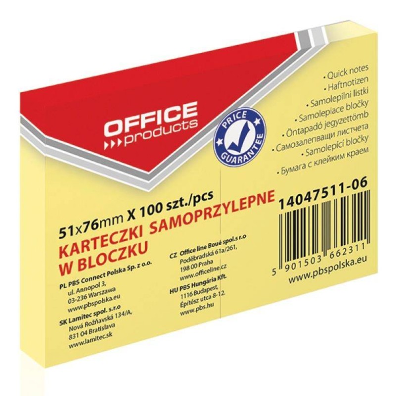 KARTECZKI SAMOPRZYLEPNE 51X76MM OFFICE PRODUCTS PASTELOWE JASNO ŻÓŁTE 100KART