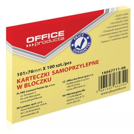 KARTECZKI SAMOPRZYLEPNE 101X76MM OFFICE PRODUCTS PASTELOWE JASNO ŻÓŁTE 100KART