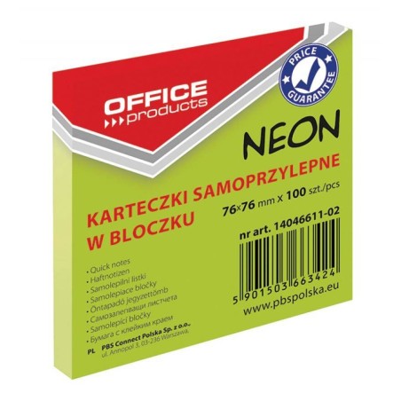 KARTECZKI SAMOPRZYLEPNE 76X76MM OFFICE PRODUCTS NEONOWE ZIELONE 100KART