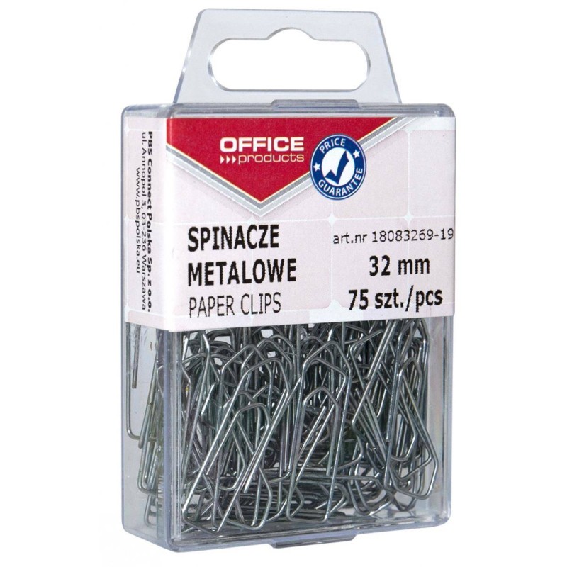 SPINACZE METALOWE 32MM OFFICE PRODUCTS SREBRNE 75SZT.